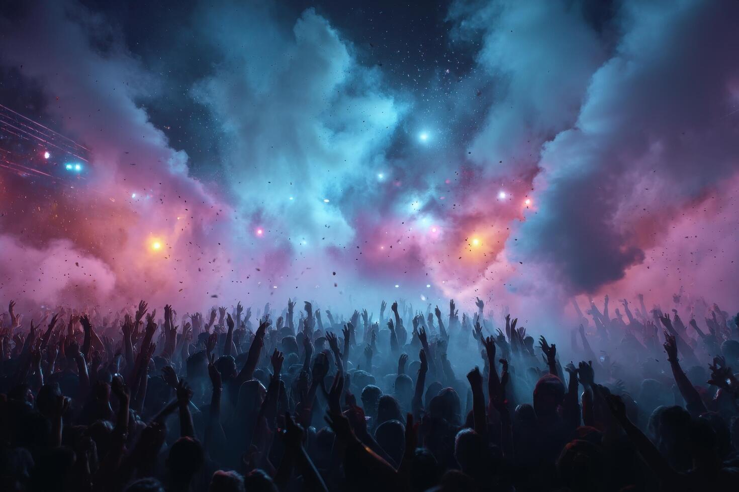 A crowd of people at a concert with smoke and lights photo