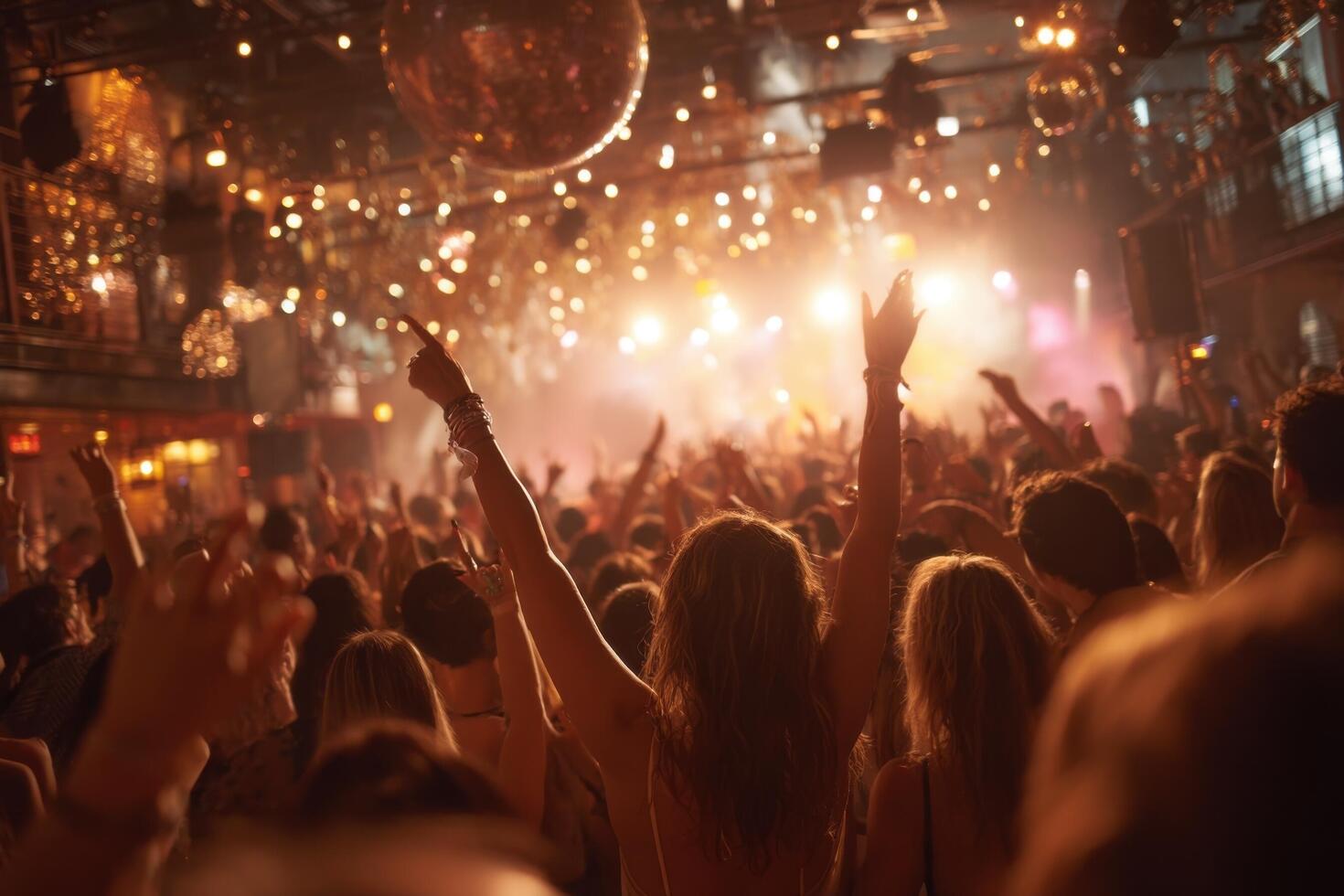A crowd of people at a nightclub with their hands up photo