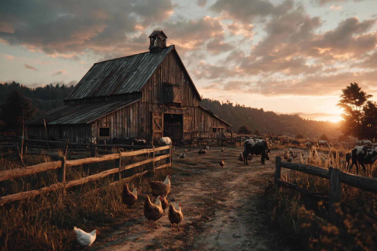 A barn and chickens in the country at sunset photo