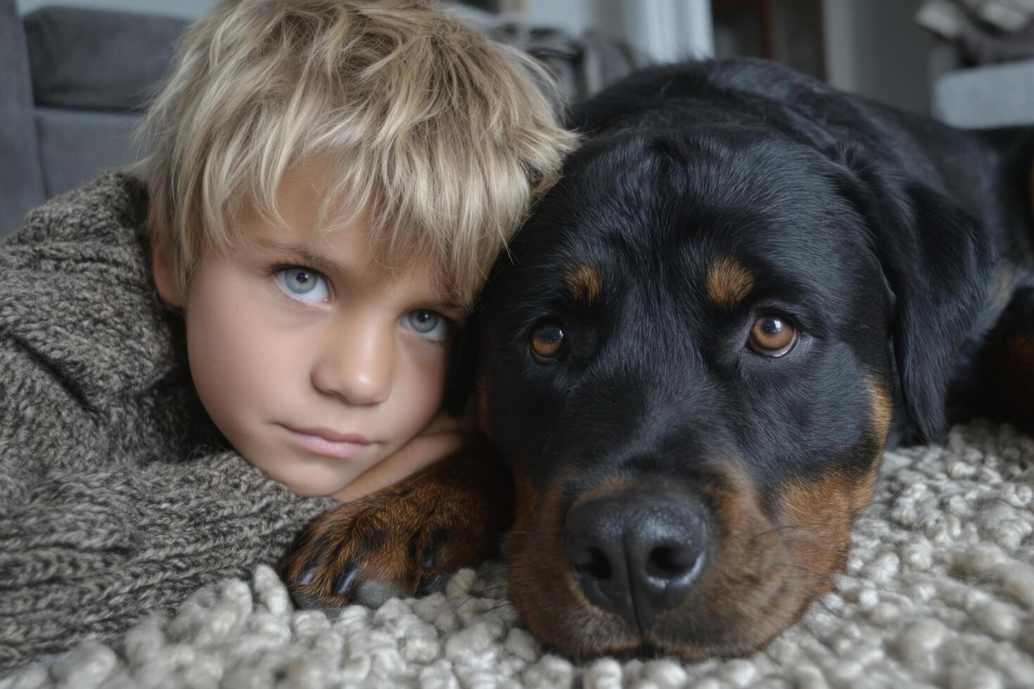 A young boy laying on the floor next to a dog photo