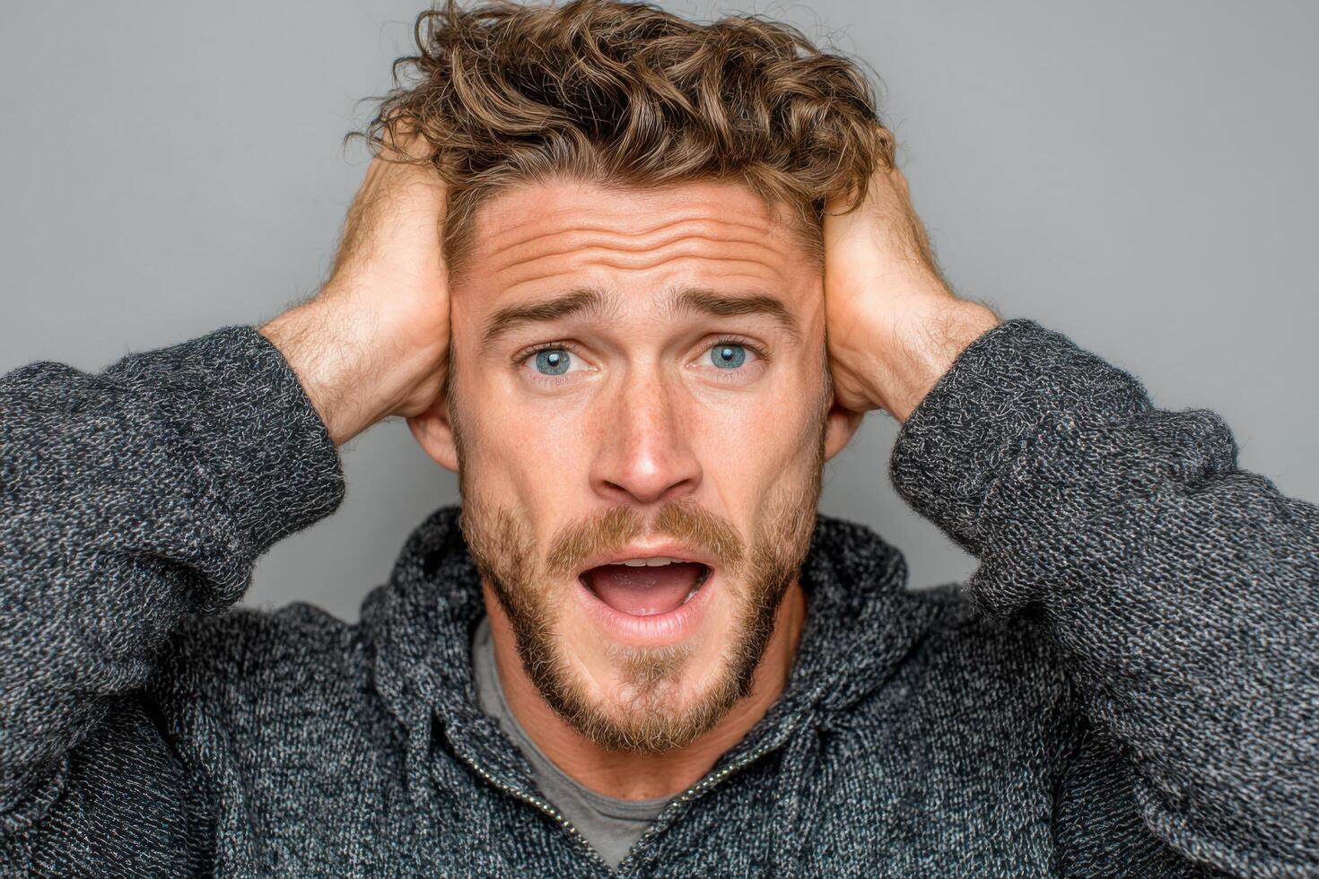 A man with his hands on his head and a shocked expression photo