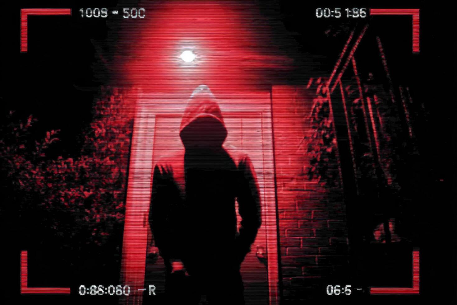 A person in a hoodie standing in front of a red light photo