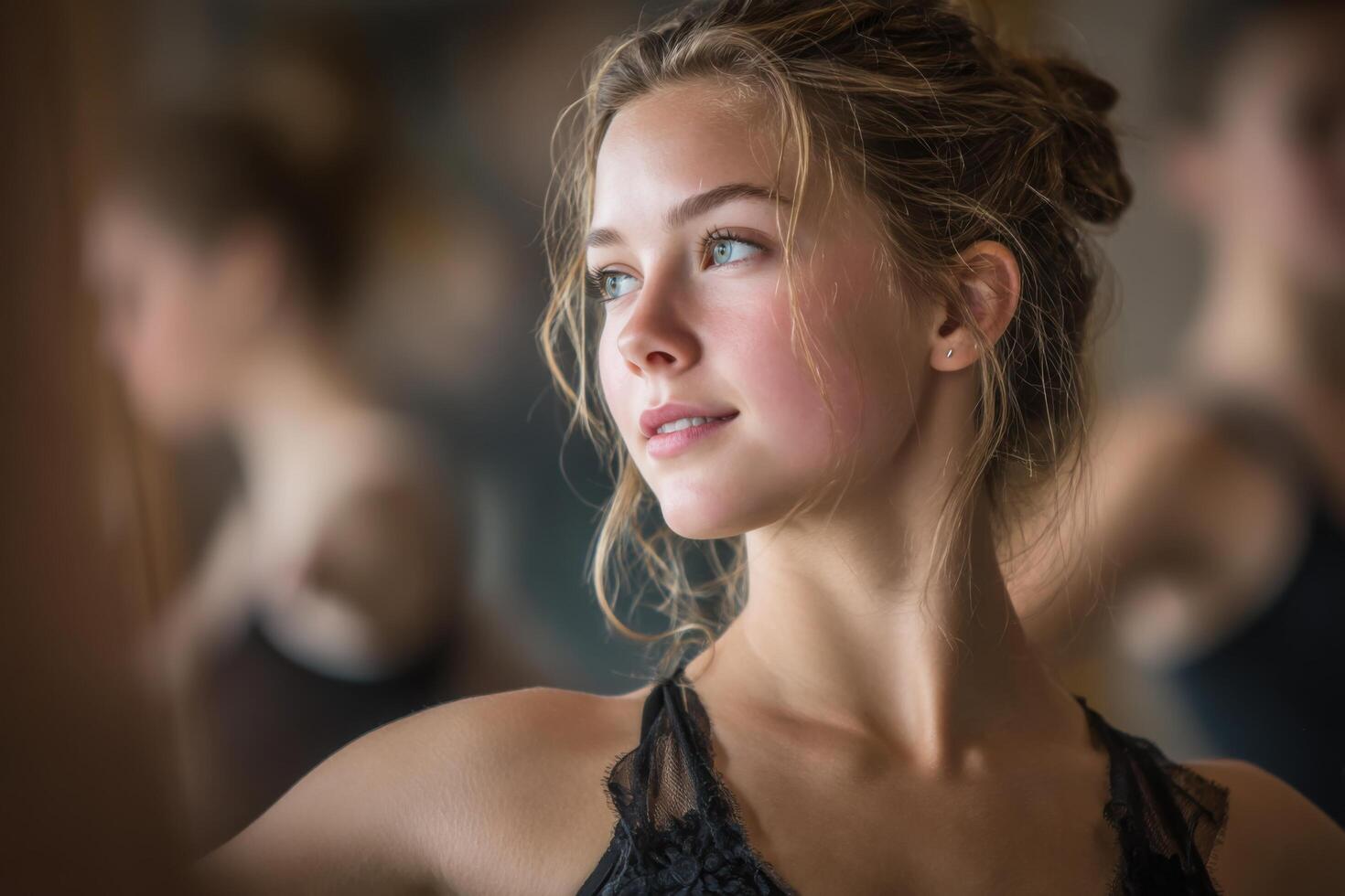 A young woman in a dance class looking at the mirror photo