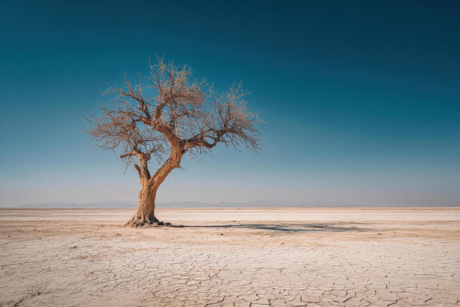 A lone tree stands in the middle of a dry desert photo