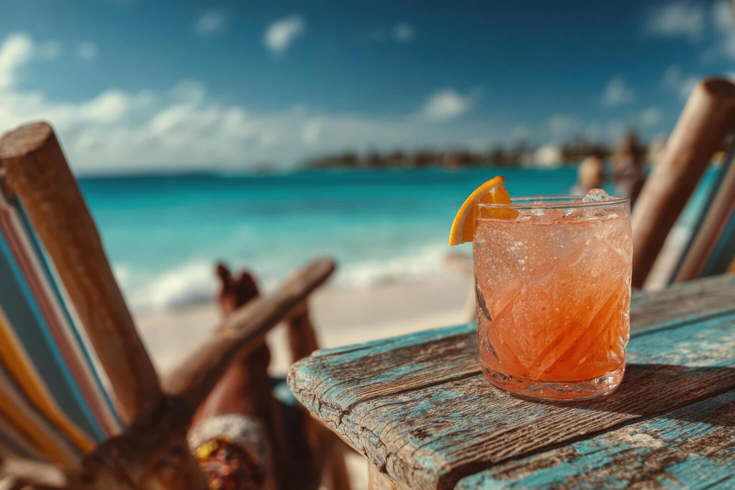 A drink on a wooden table with a beach in the background photo