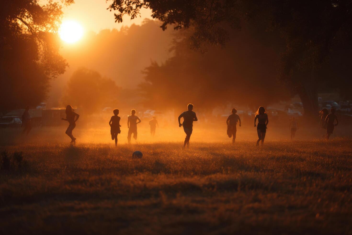 A group of people playing soccer in the sun photo