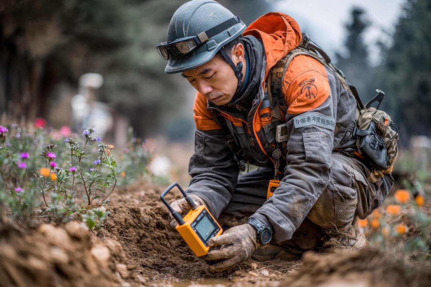 A man in an orange jacket and helmet is using a handheld device photo
