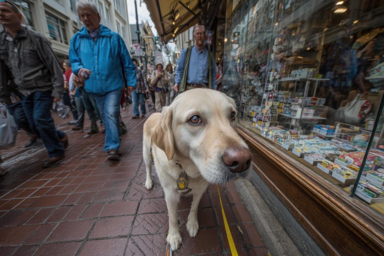 A dog is standing in front of a store window photo