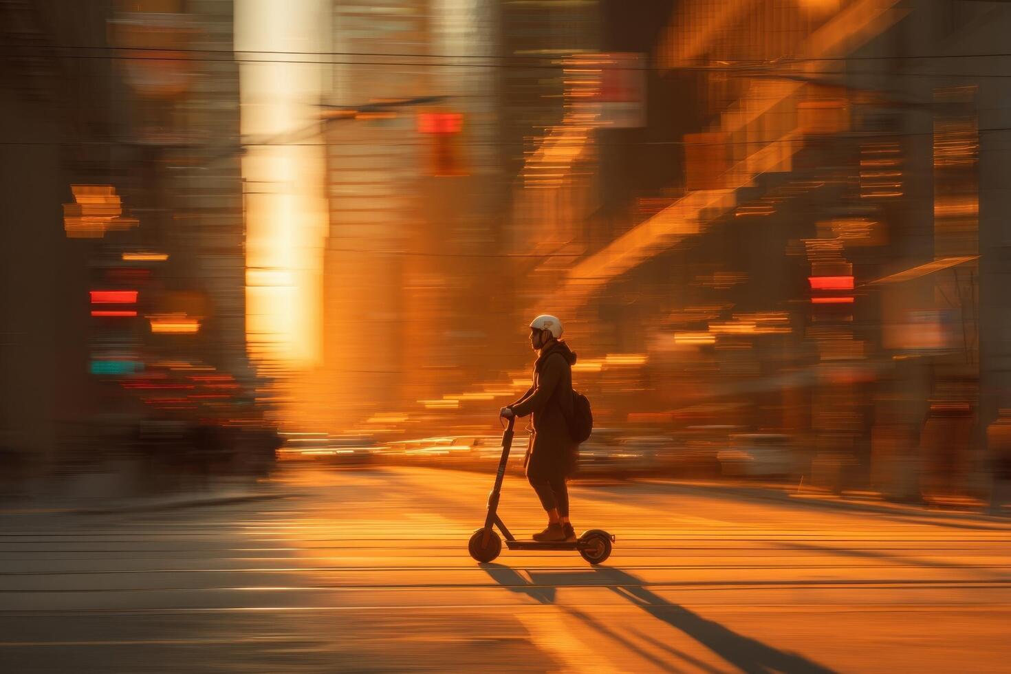 A man riding an electric scooter down a city street photo