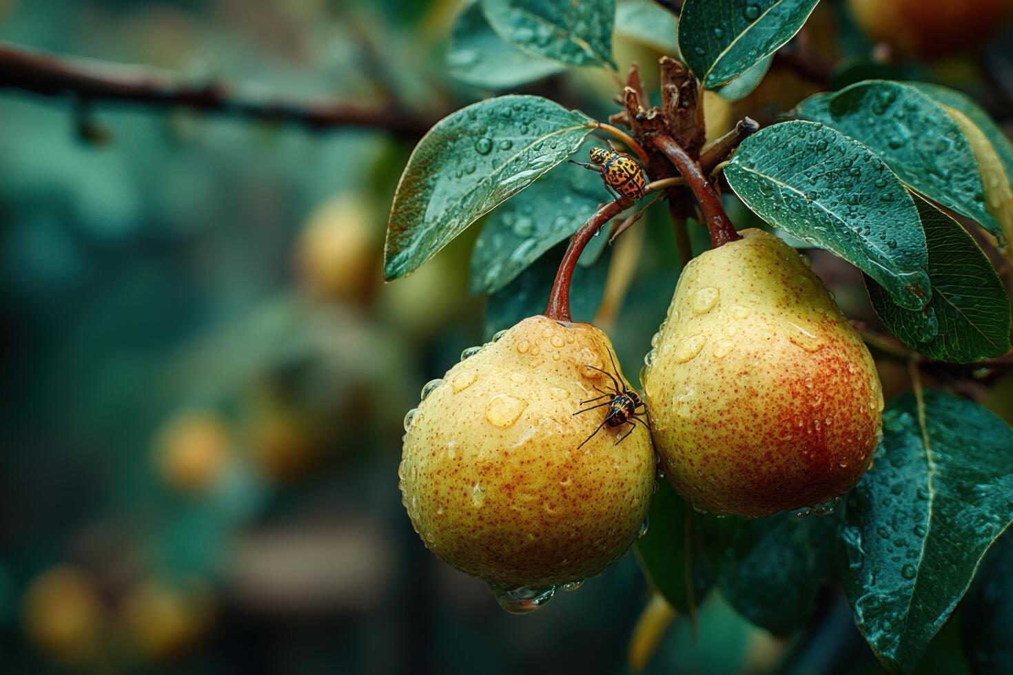 Two pears on a tree with water droplets photo