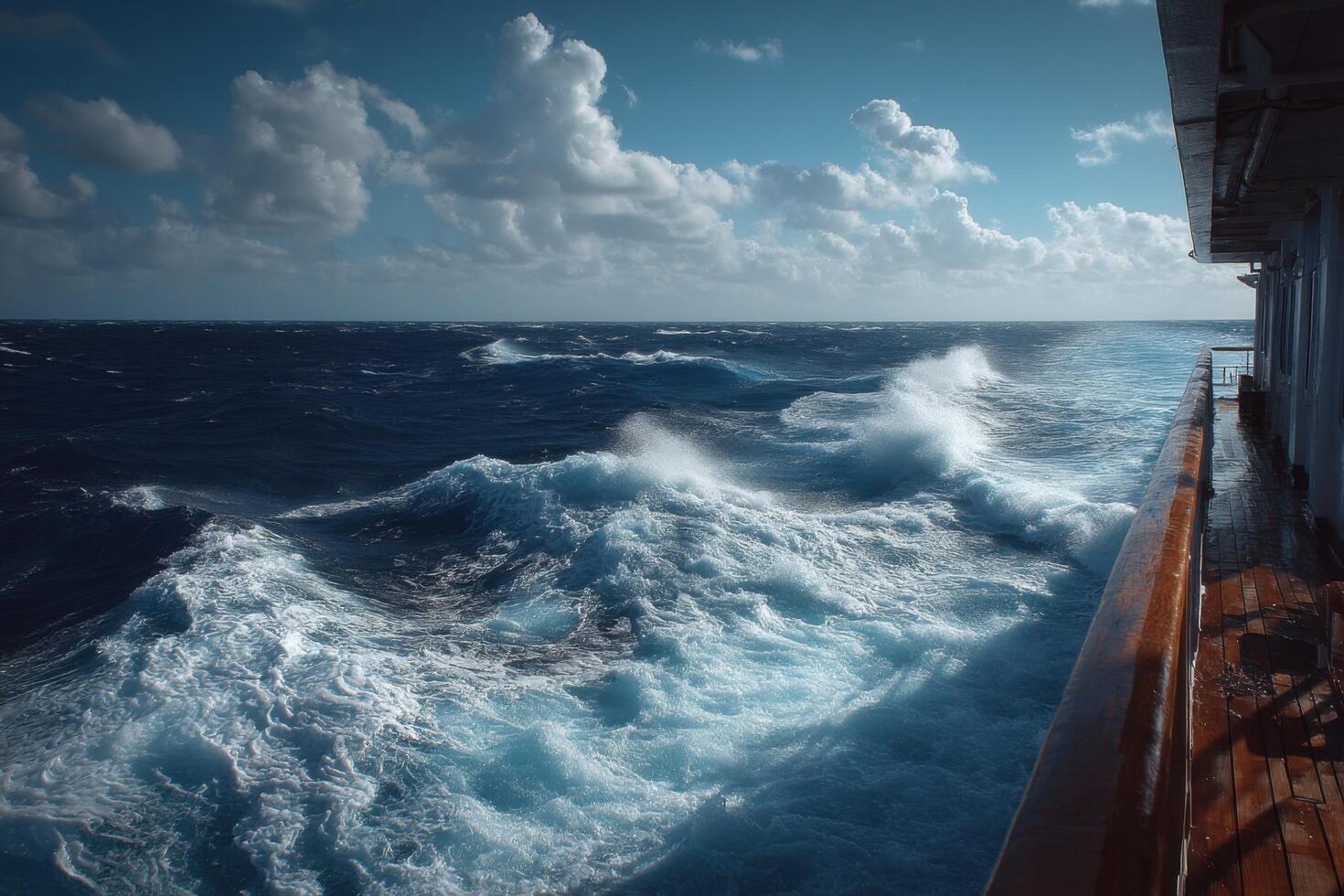 The ocean is seen from the deck of a ship photo