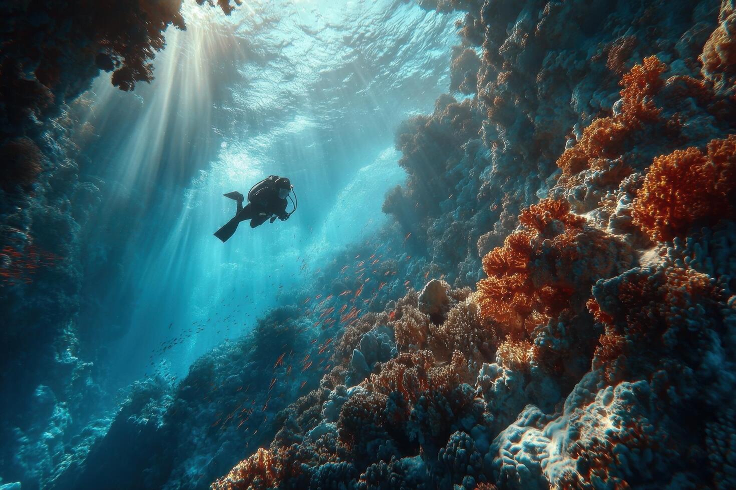 A scuba diver is swimming through a coral reef photo