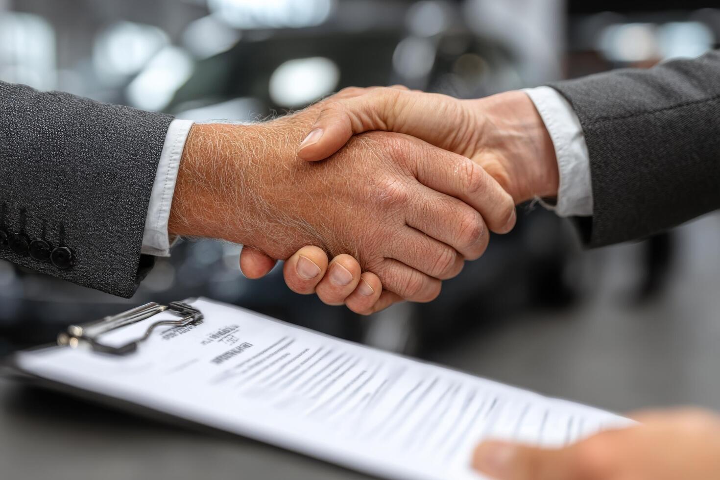 Two people shaking hands over a document in a car dealership photo