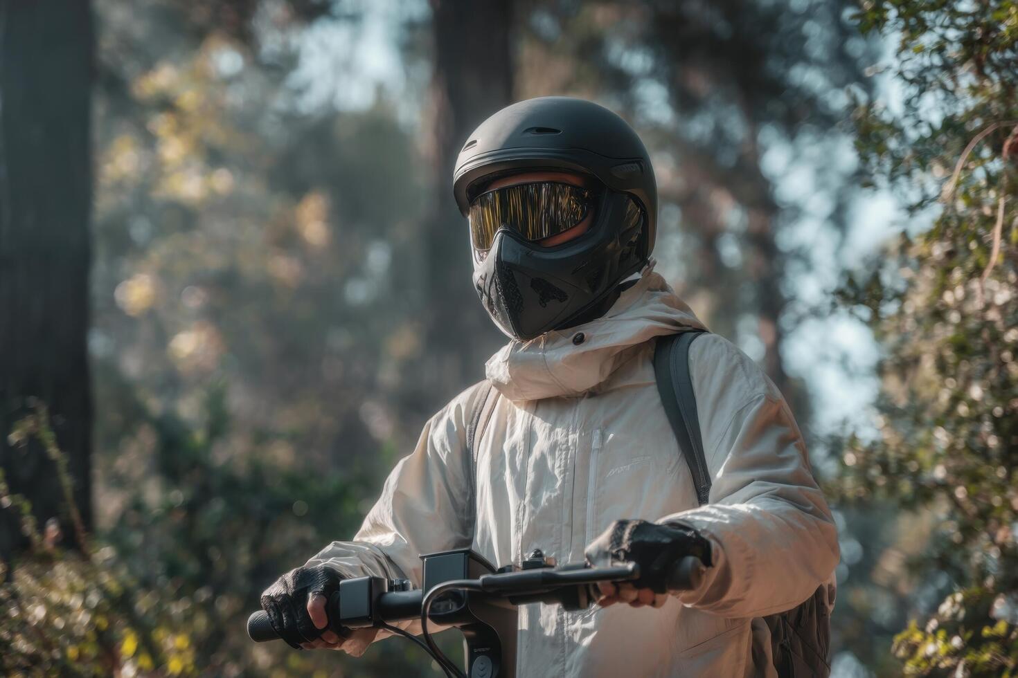 A man in a gas mask and helmet riding a bike photo