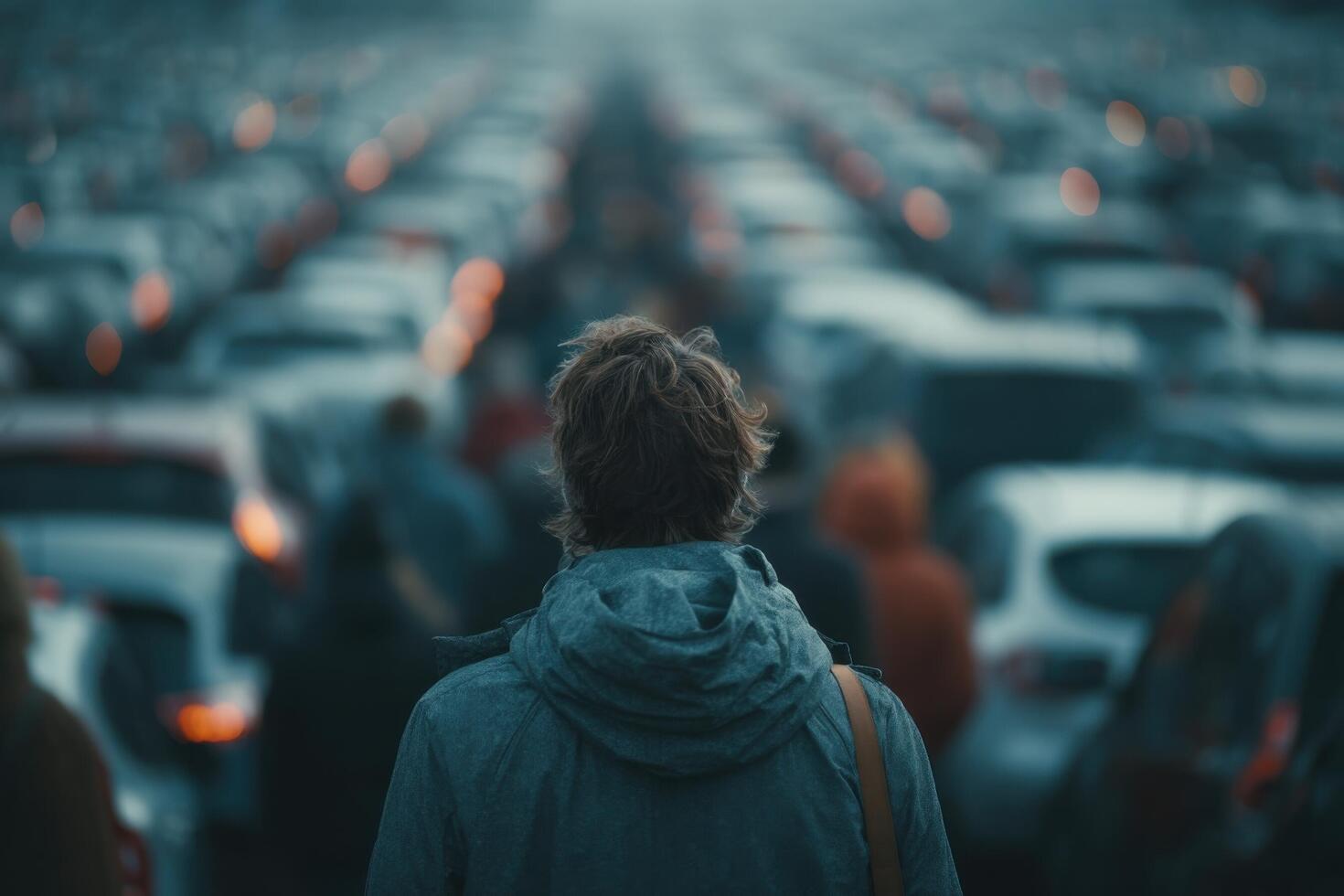 A man standing in a crowd of cars photo