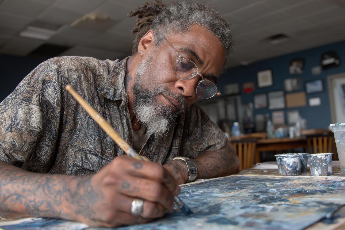 A man with dreadlocks and glasses is painting on a canvas photo