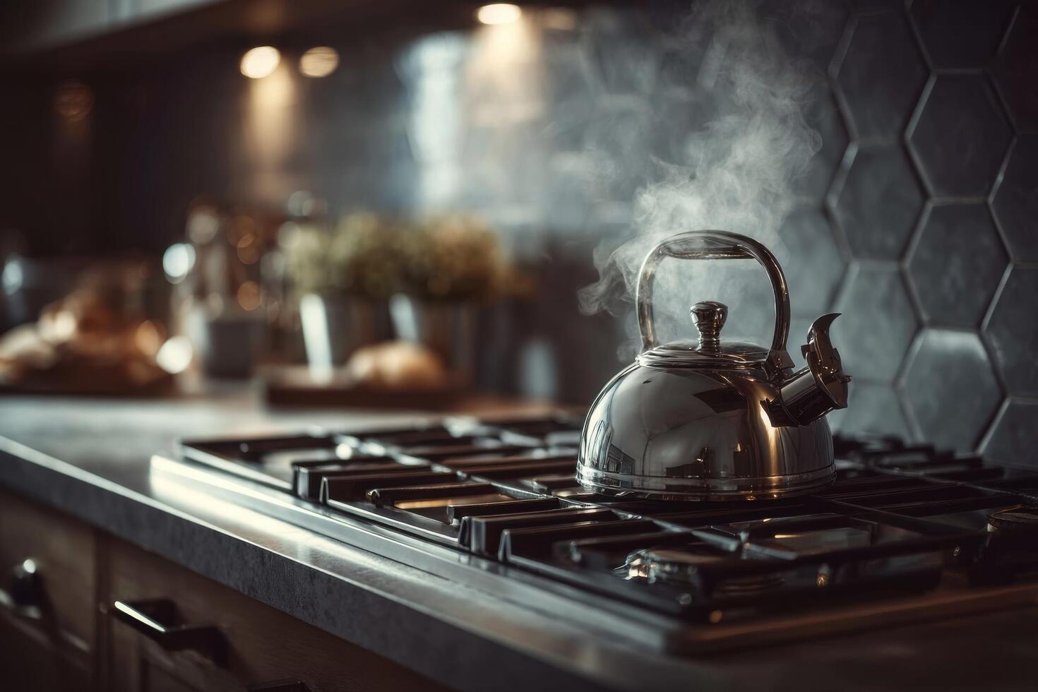 A kettle on a stove top with steam coming out photo