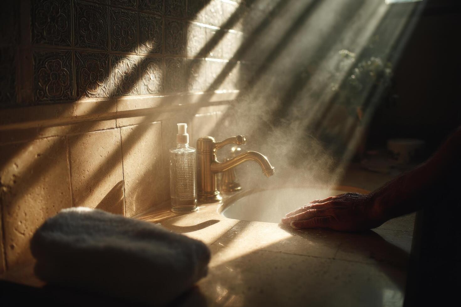 A person washing their hands in a bathroom photo