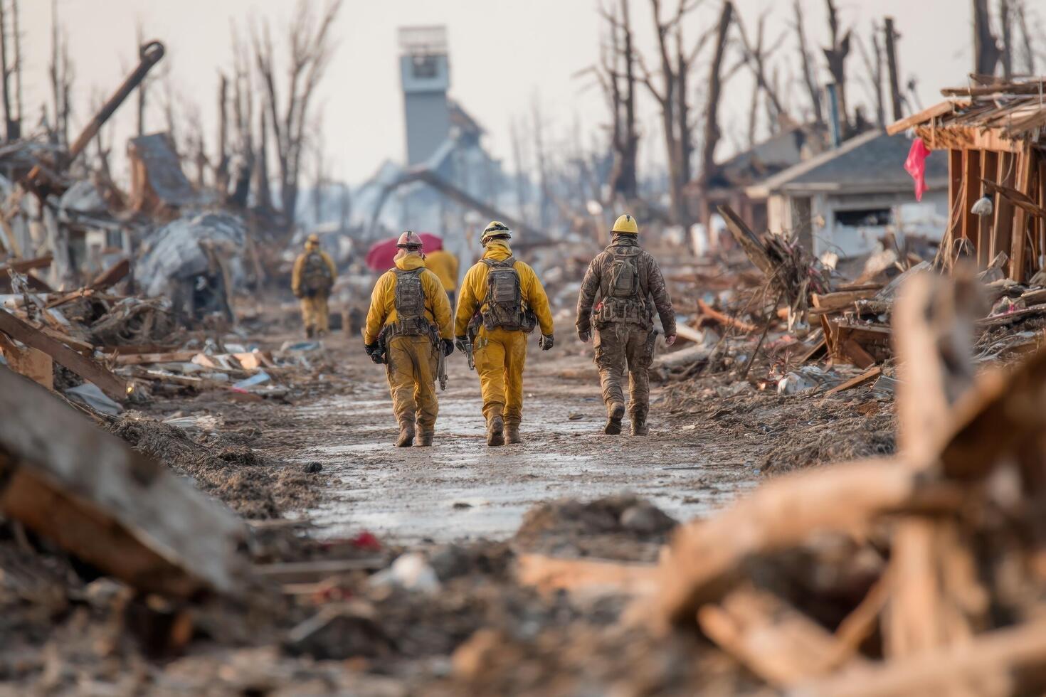 Firefighters walk through the rubble of a destroyed neighborhood photo