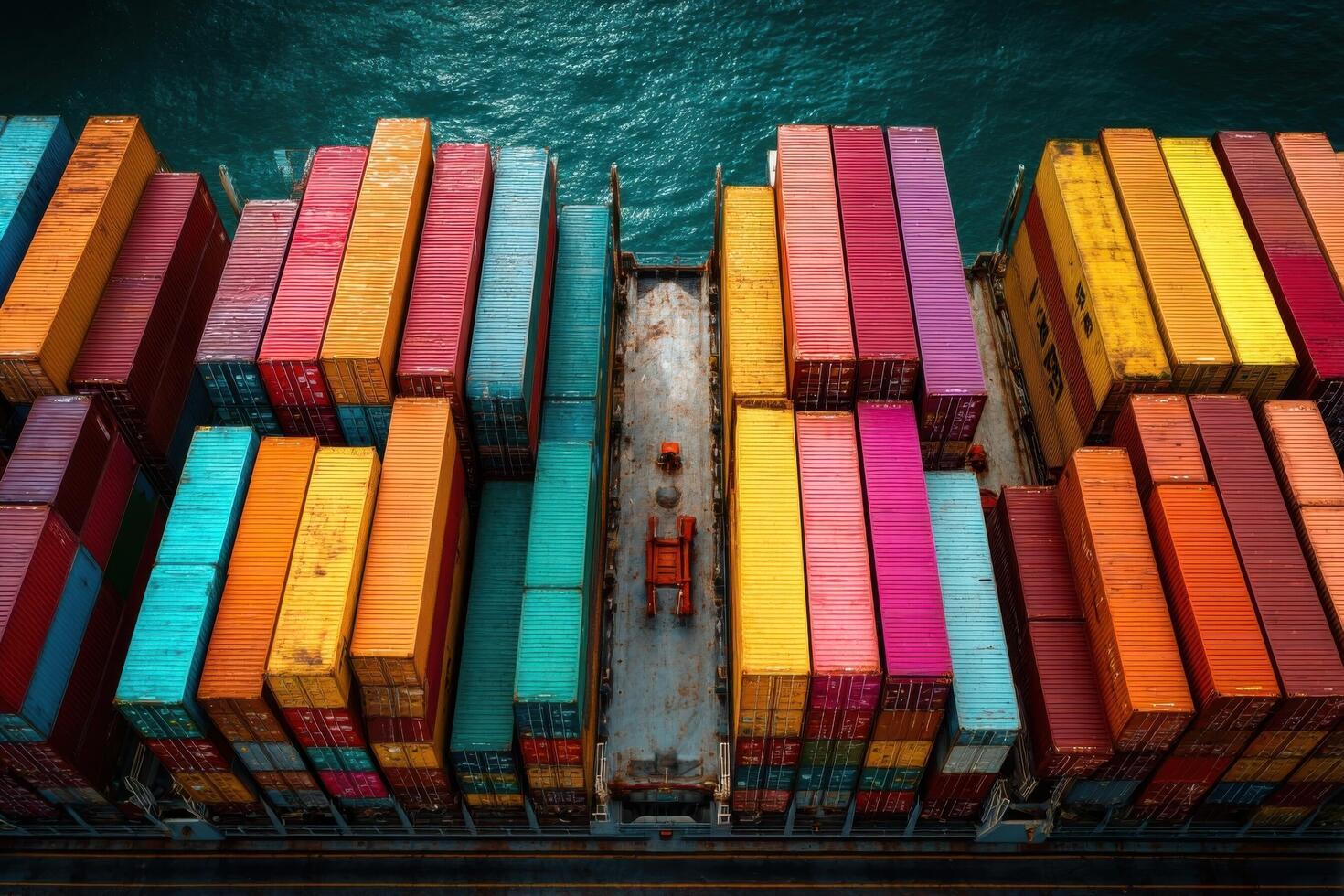 A view of a container ship with many different colored containers photo