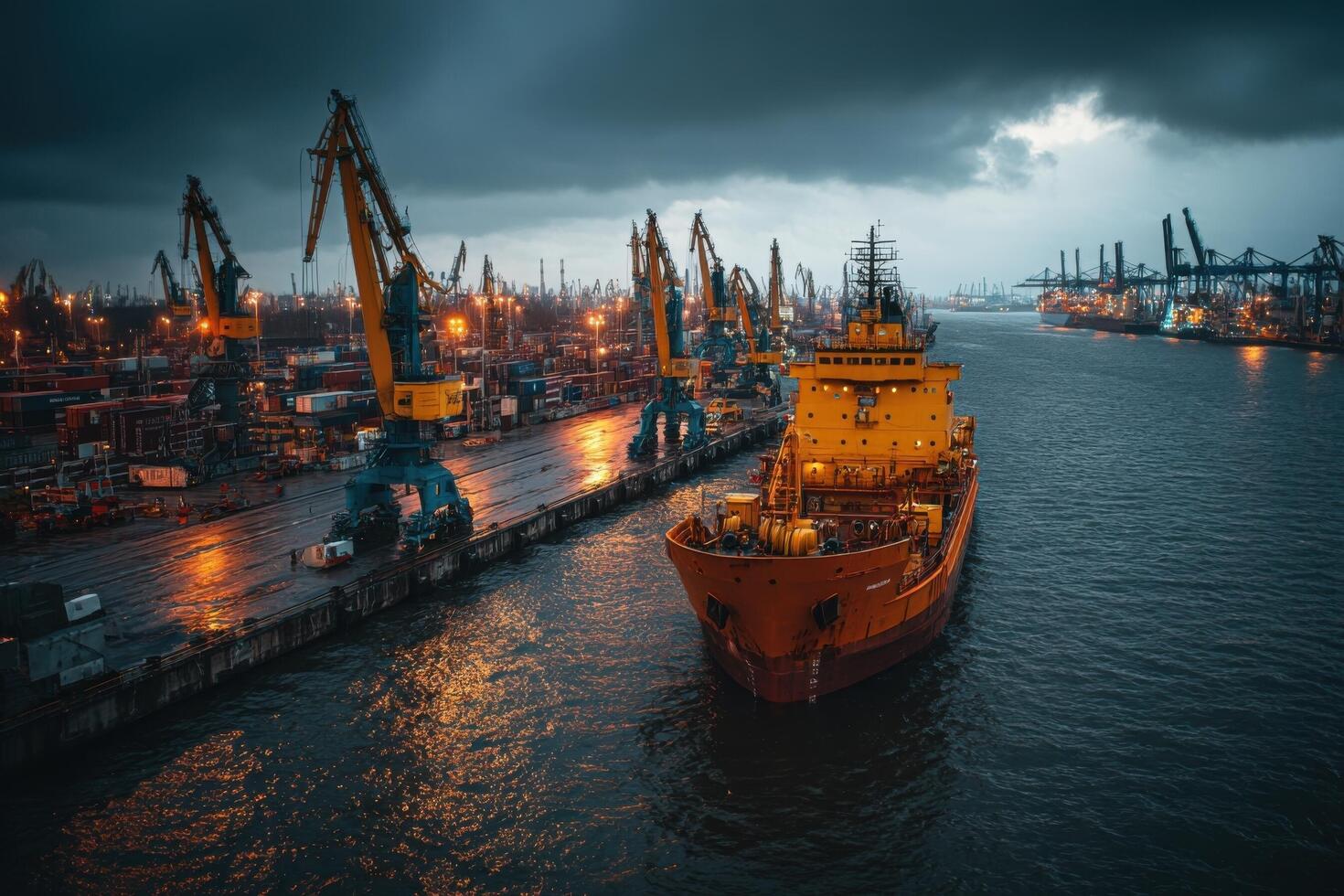 A large ship docked at a port in the dark photo