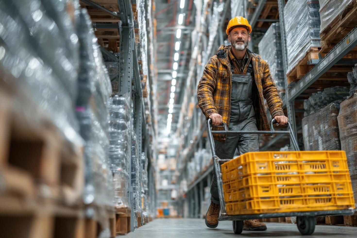 A man in a hard hat and overalls is walking through a warehouse photo