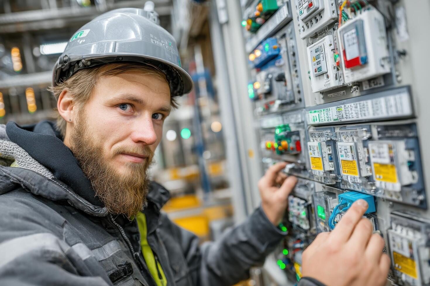 A man with a beard and hard hat is working on a control panel photo