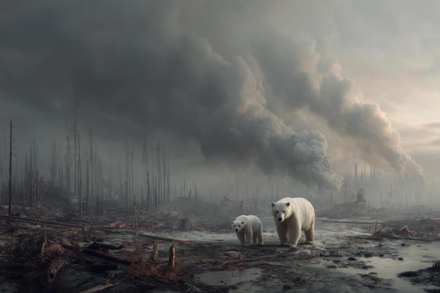 Two polar bears walking in front of a forest with smoke coming out of it photo