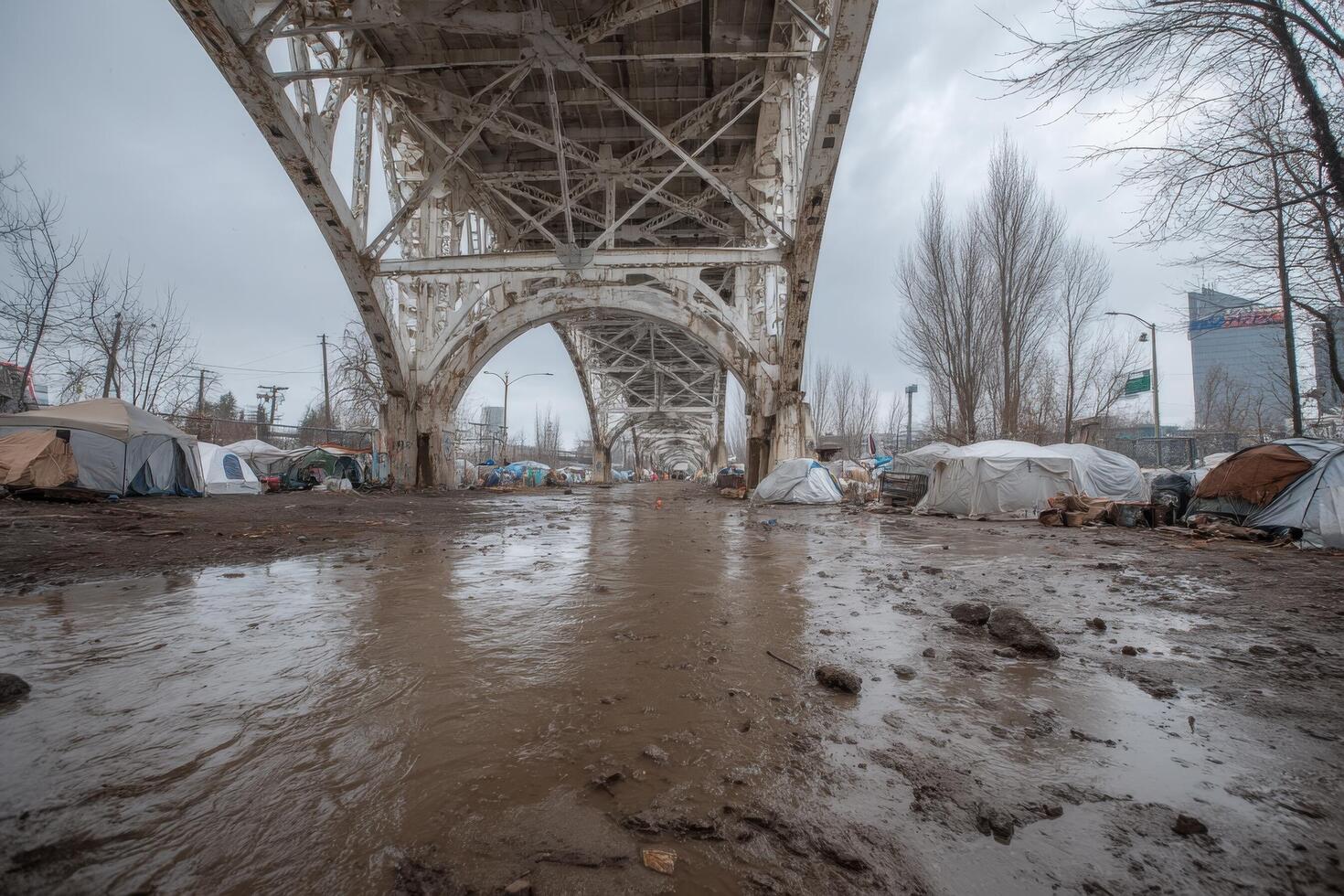 A homeless encampment under an overpass in portland, oregon photo