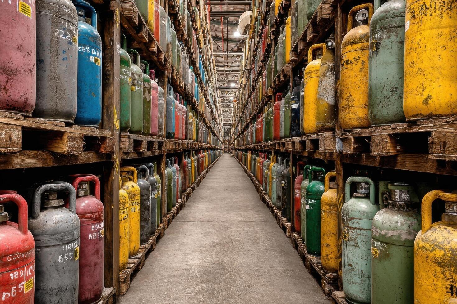 A long row of gas bottles in a warehouse photo