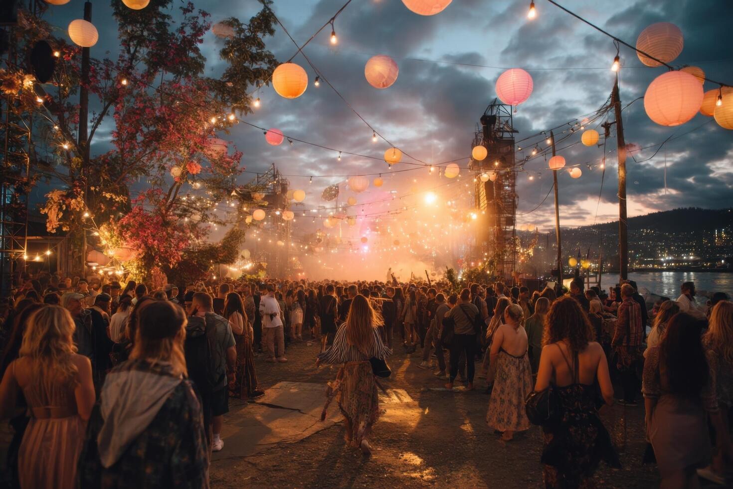 A crowd of people at a festival with balloons photo