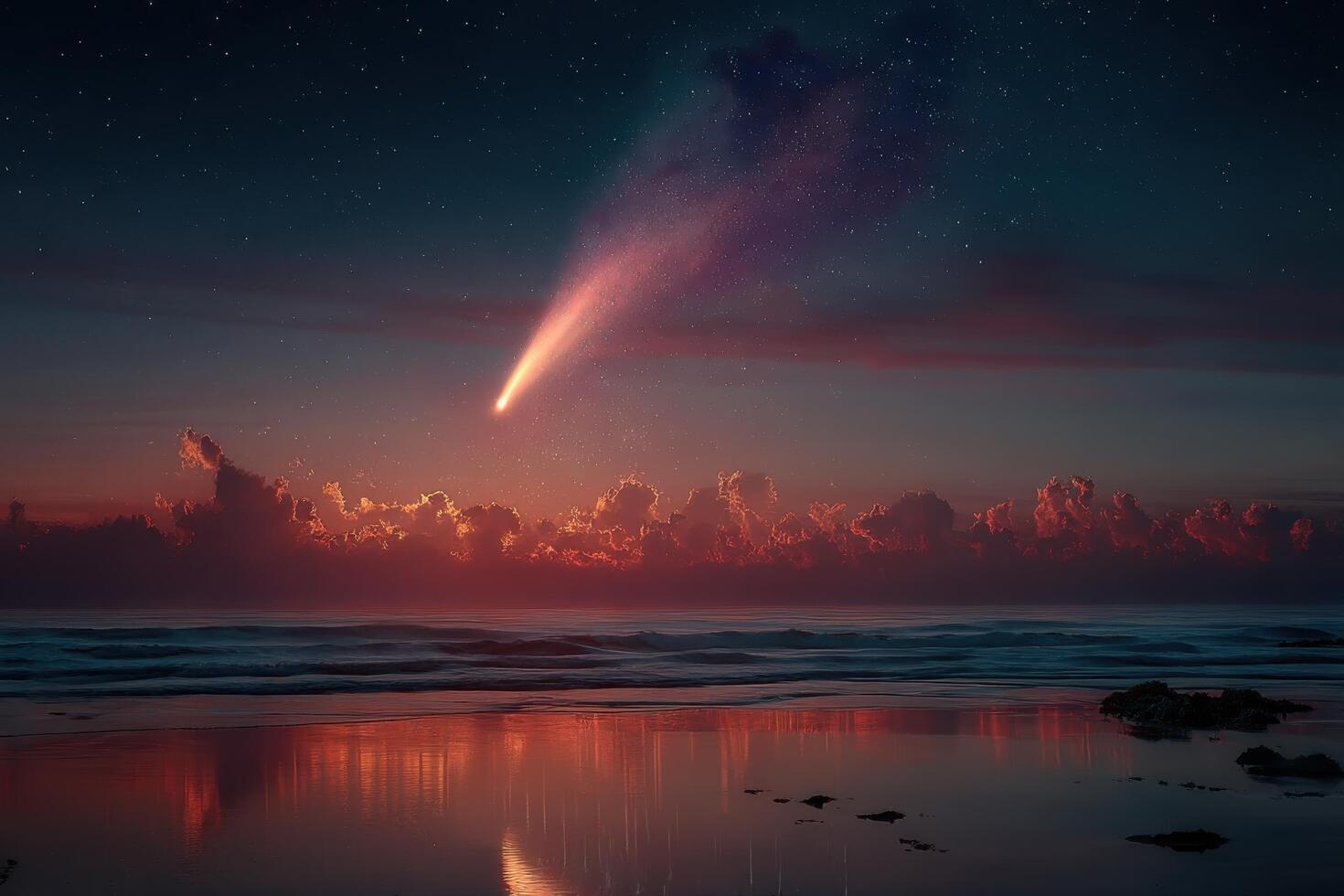 A comet is seen in the sky over the ocean photo