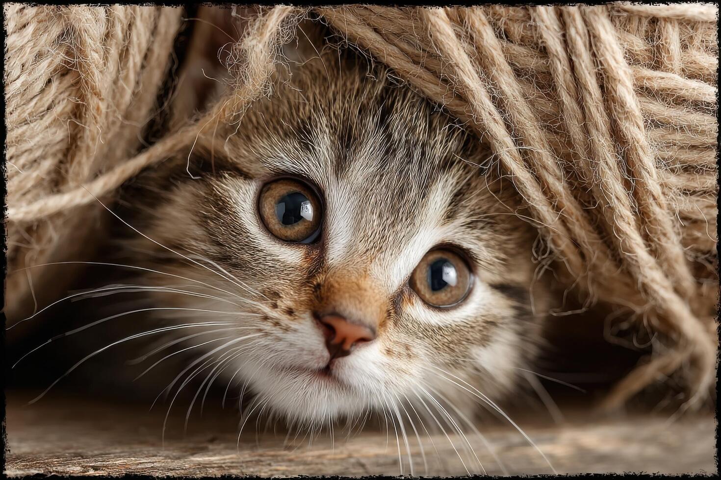 A kitten peeking out from behind a pile of yarn photo