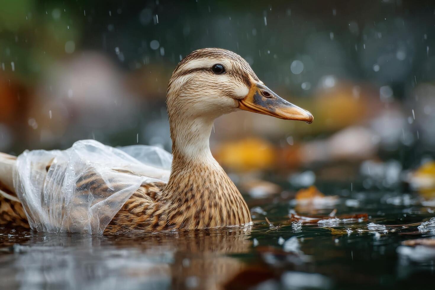 A duck is floating in the water with a plastic bag over its head photo