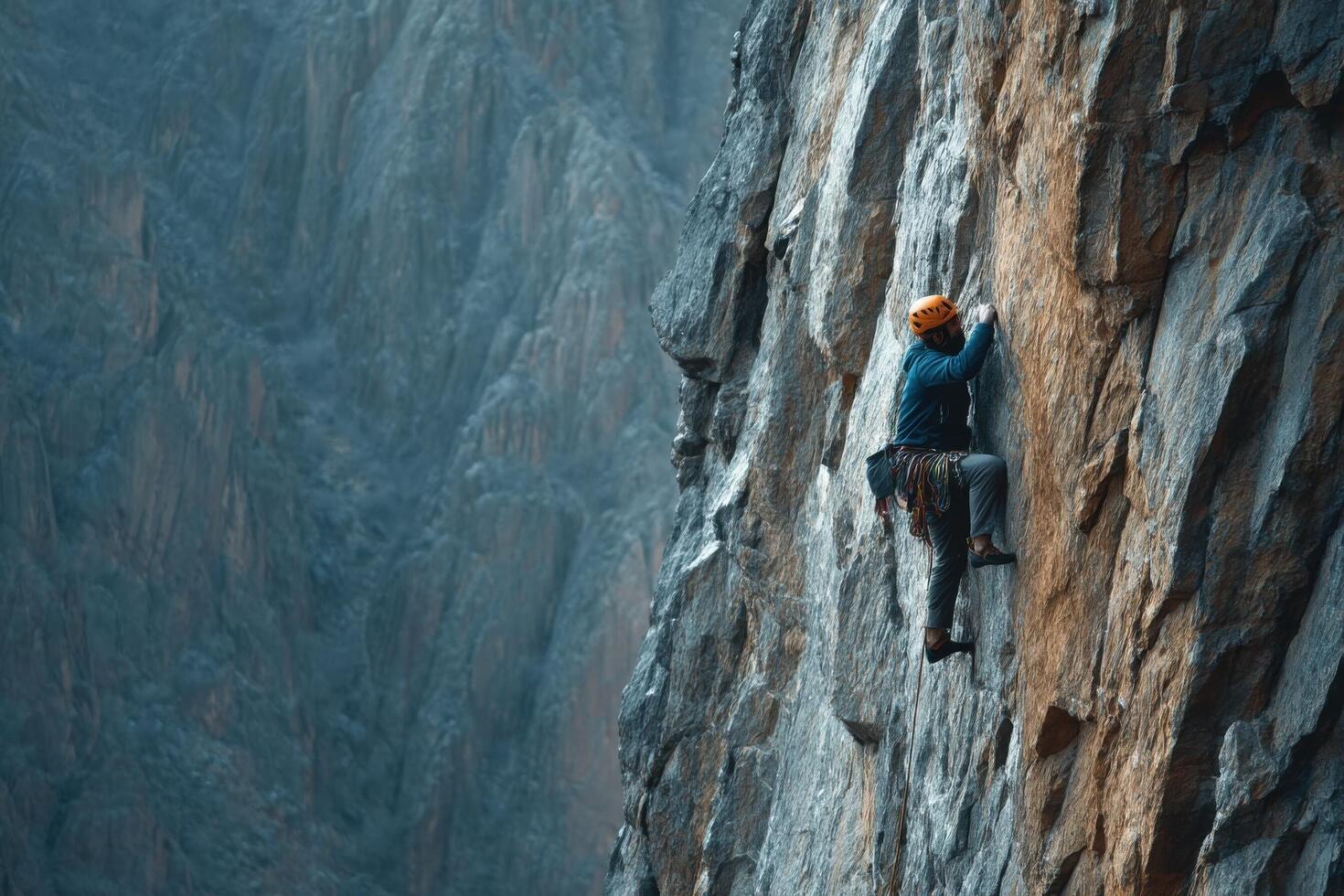 A man is climbing a mountain with a rope photo
