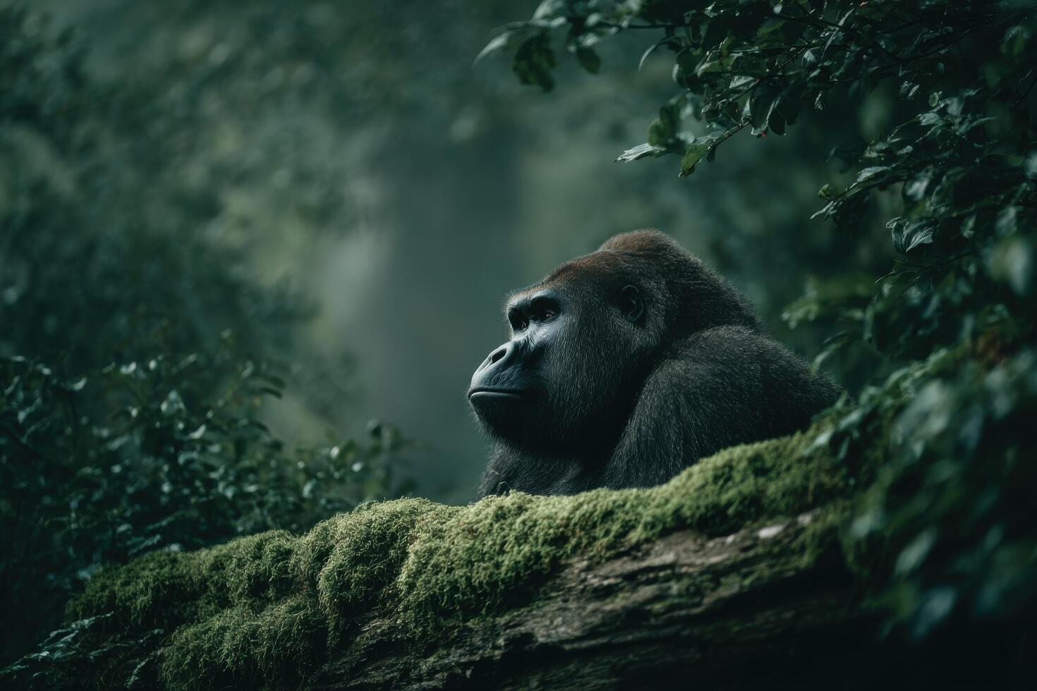 A gorilla sitting on a log in the forest photo