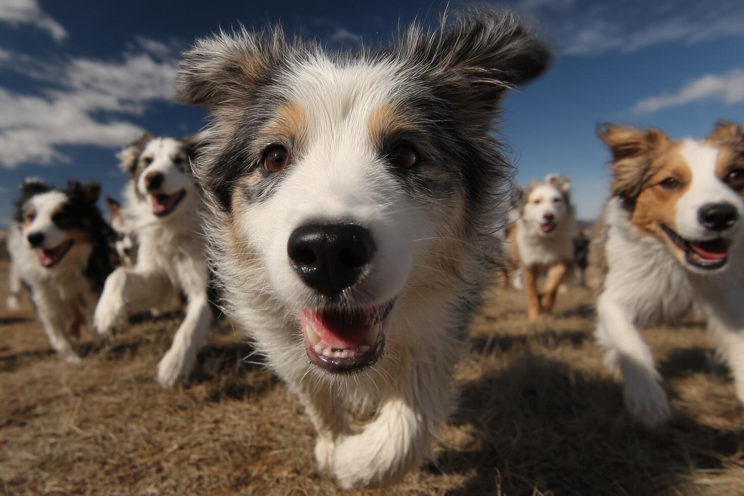 A group of dogs running in a field photo