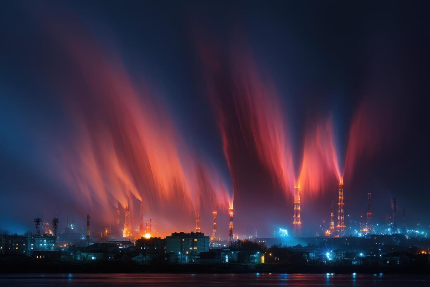 A night time view of a factory with smoke coming out of it photo