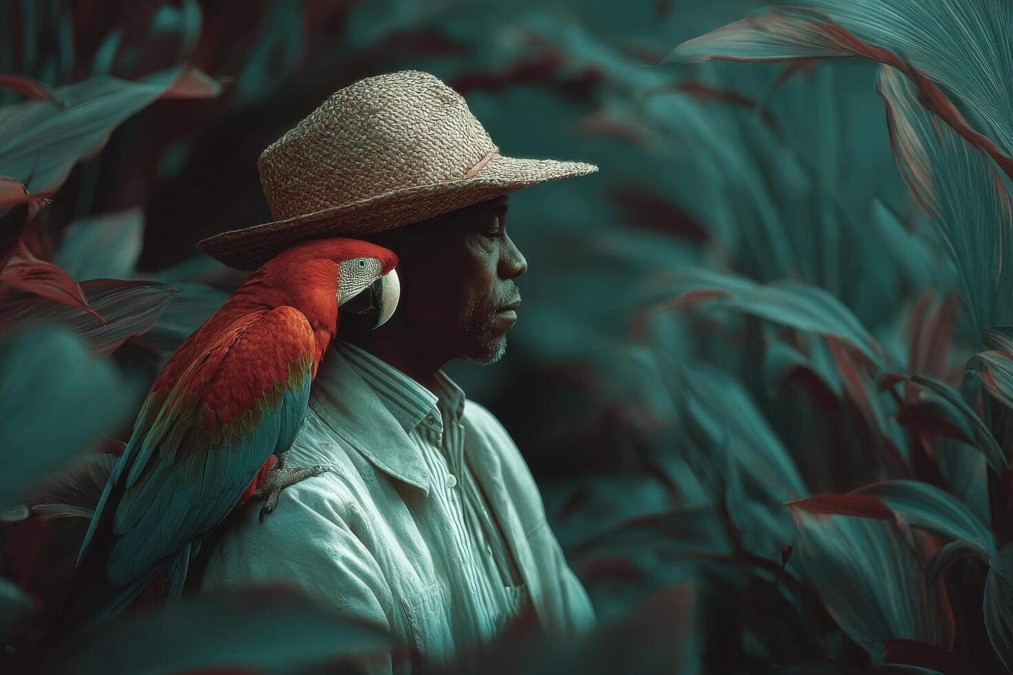 A man with a hat and a parrot in the jungle photo
