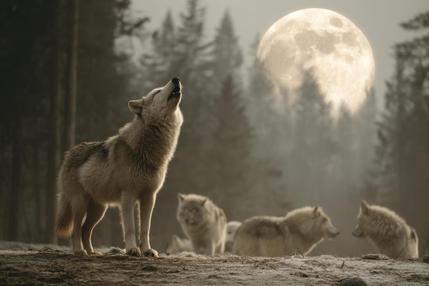 Wolf howling at the moon photo