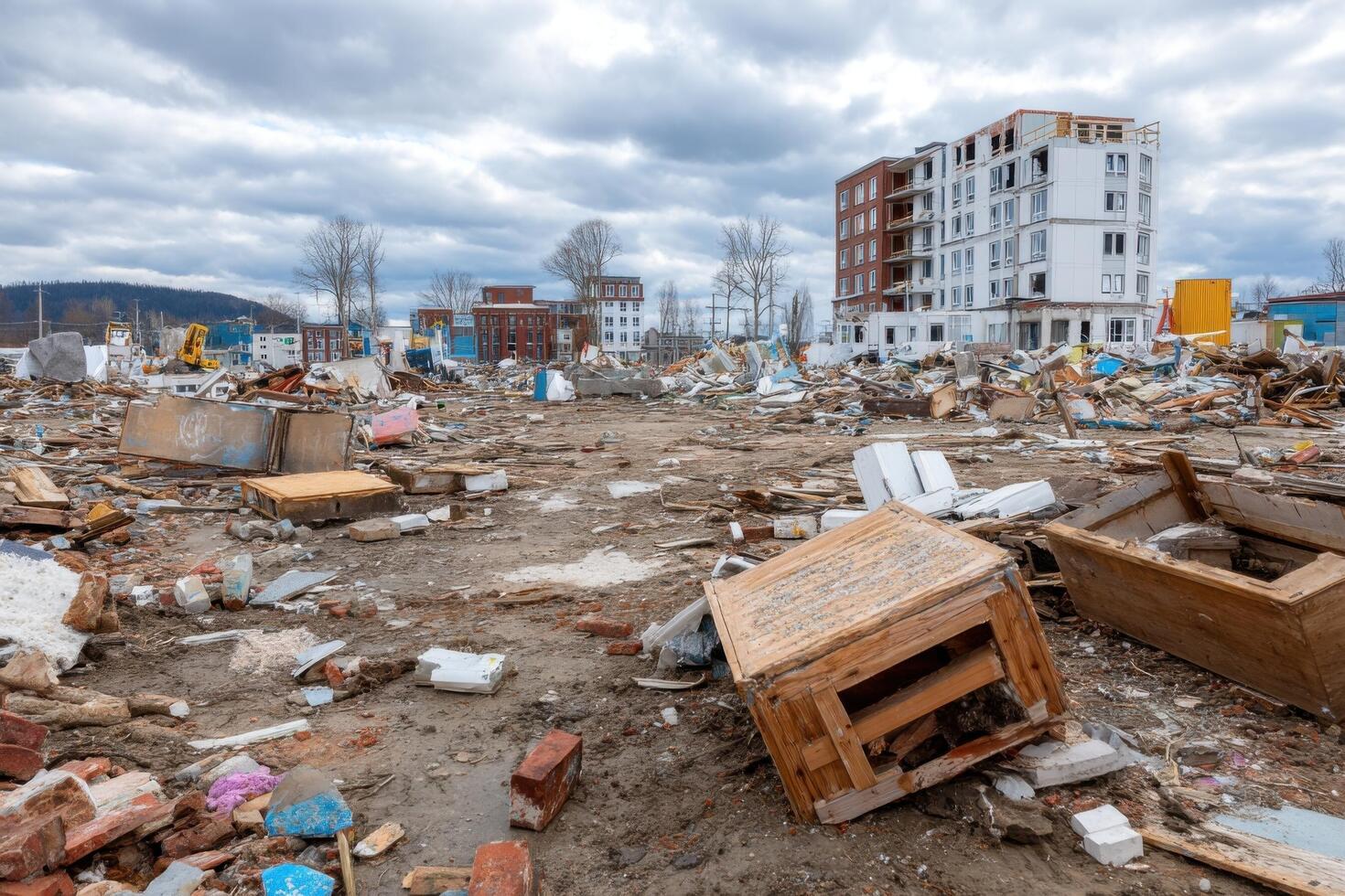 A view of a destroyed city with rubble and debris photo