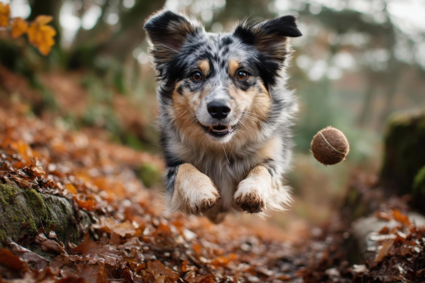 A dog running through the woods with a ball in its mouth photo