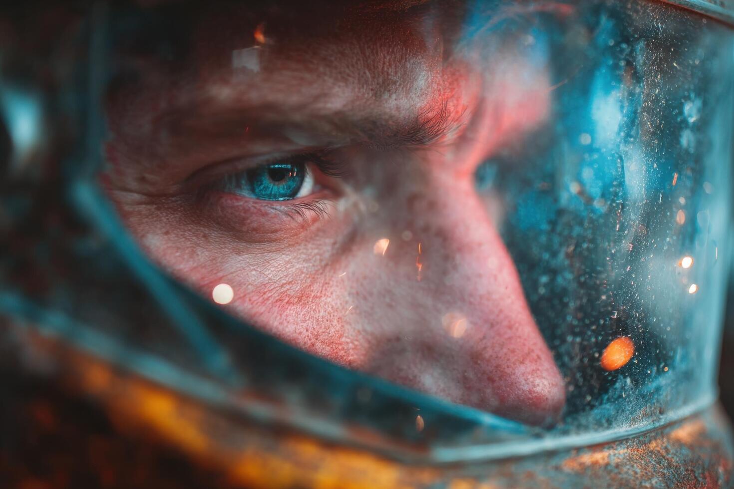 A close up of a man wearing an astronaut helmet photo