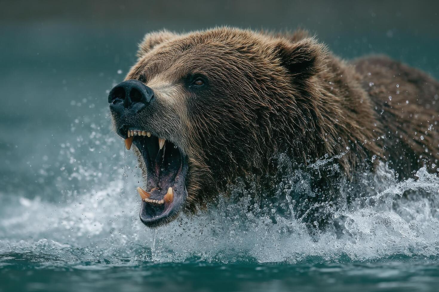 A brown bear is roaring in the water photo