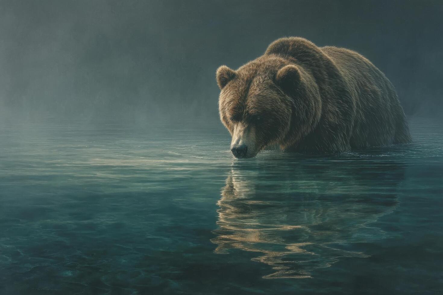 A bear is standing in the water with fog photo