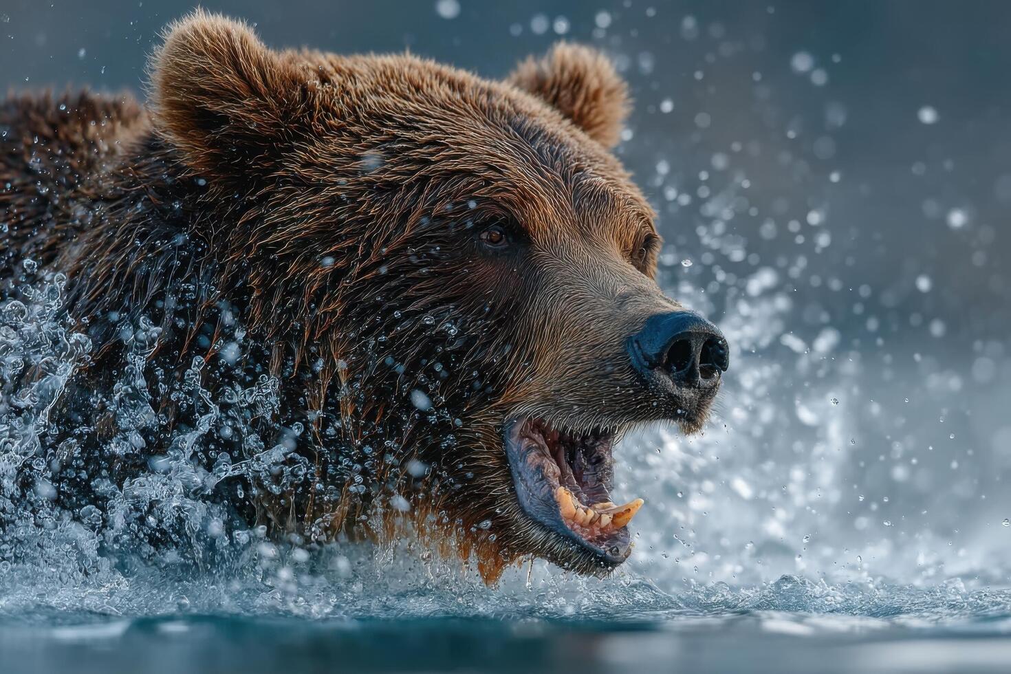 A brown bear is splashing water with its mouth open photo