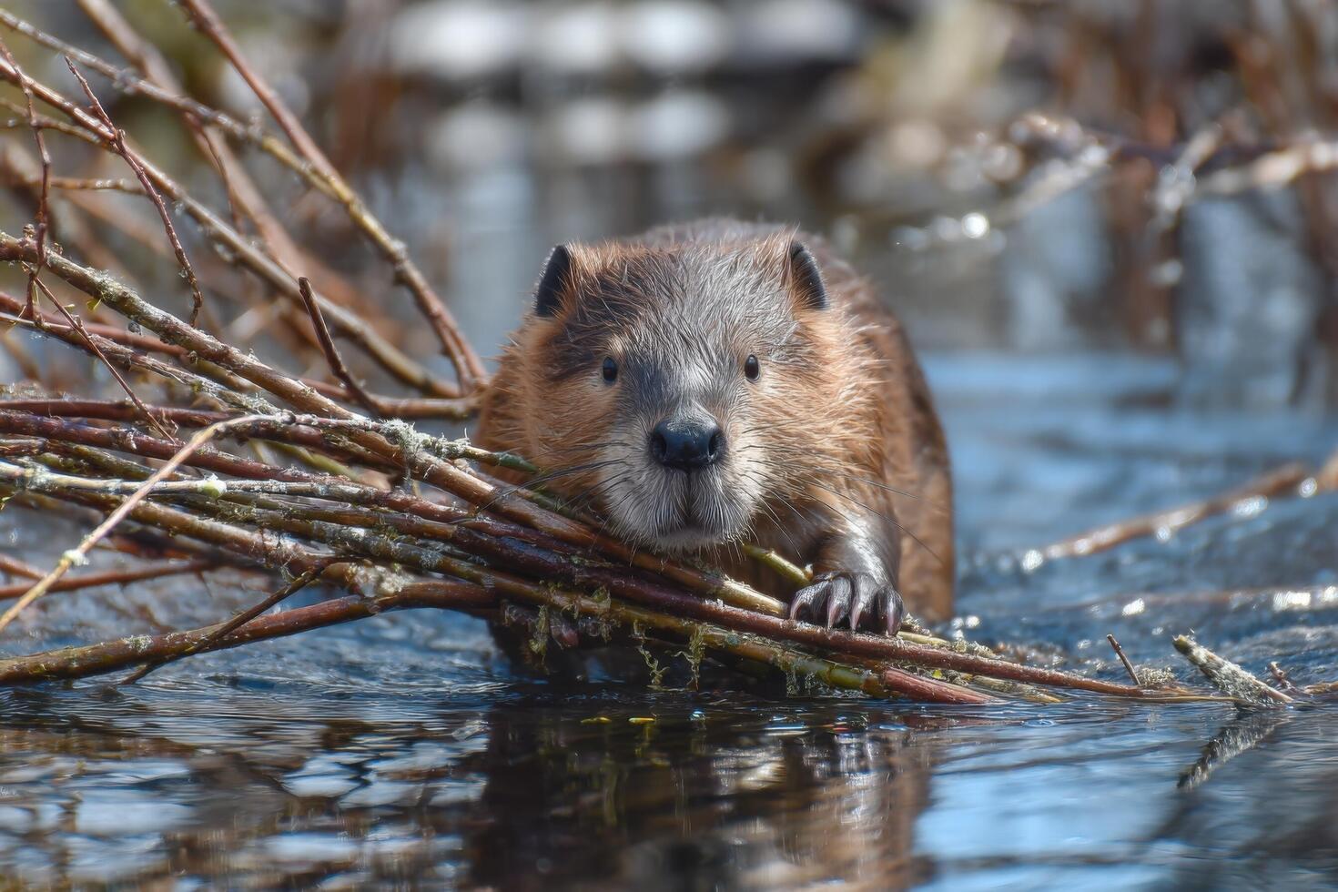 A beaver is walking through the water with branches in its mouth photo
