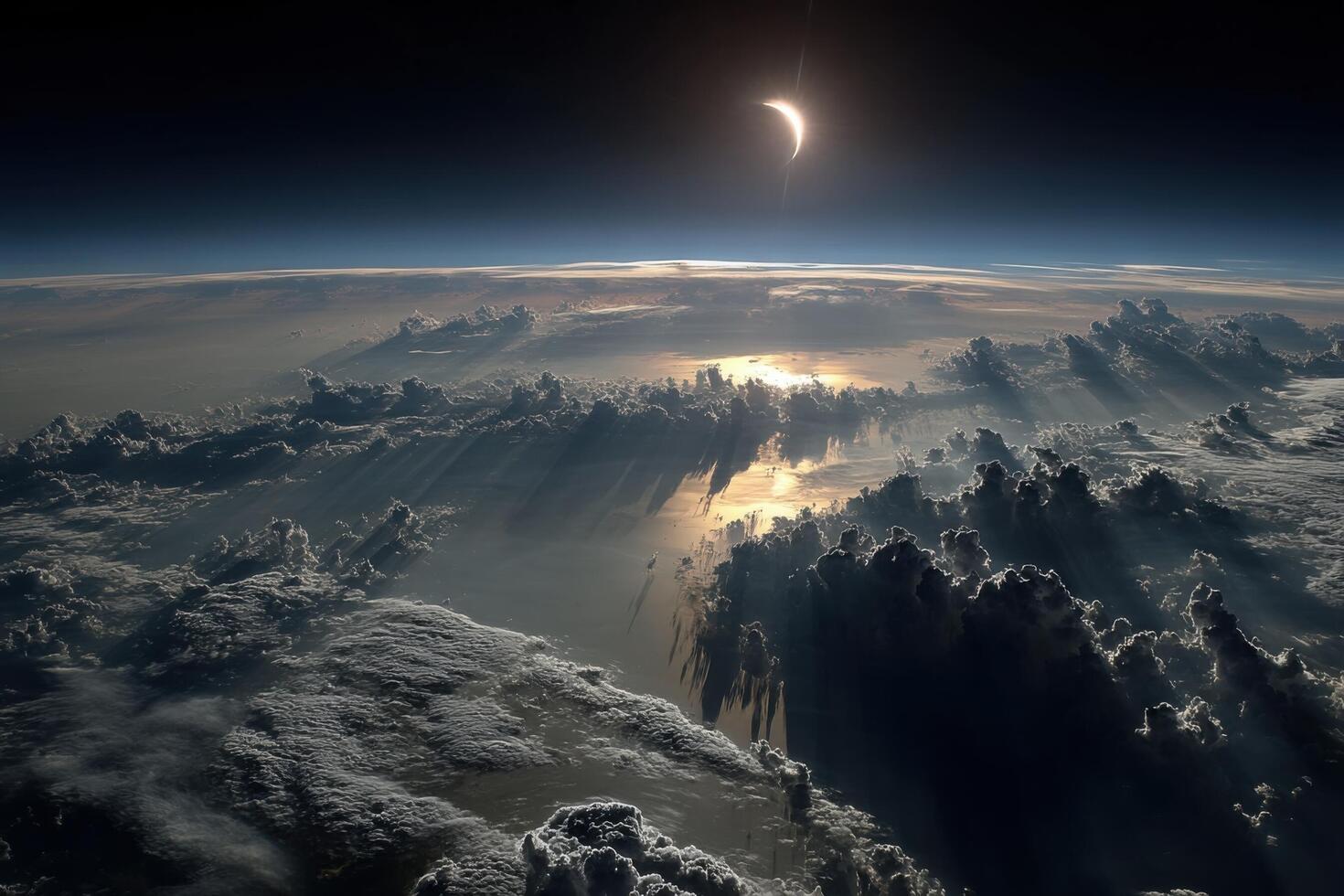 The sun is seen over clouds from space photo