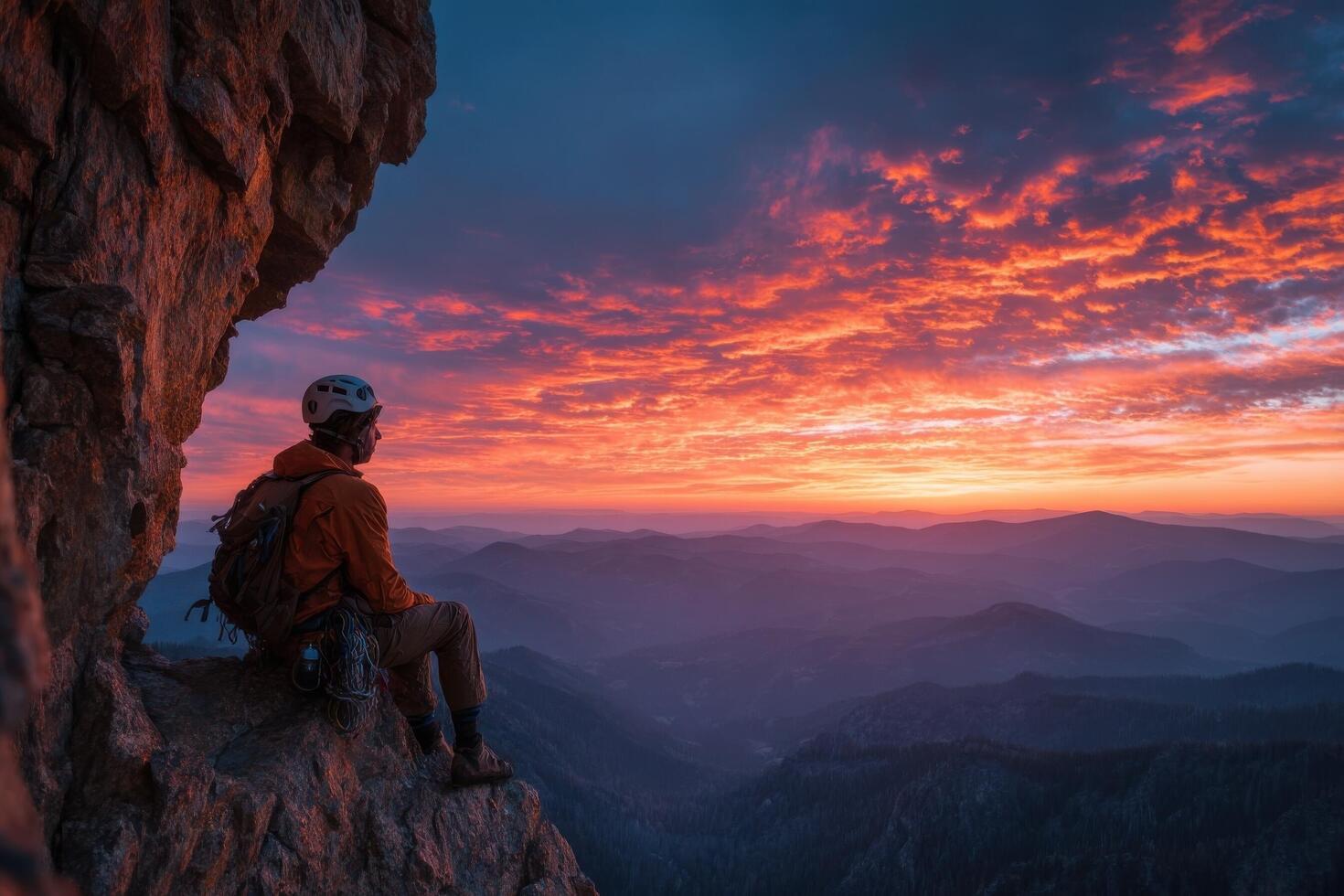 A man sitting on the edge of a cliff at sunset photo