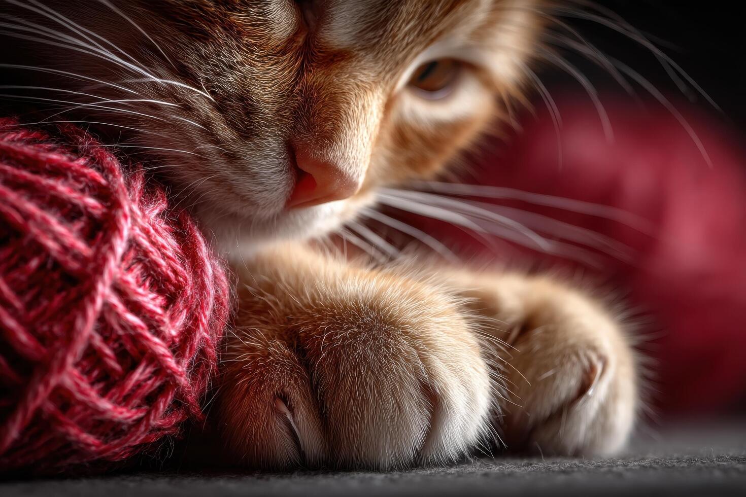 A cat laying on a ball of red yarn photo